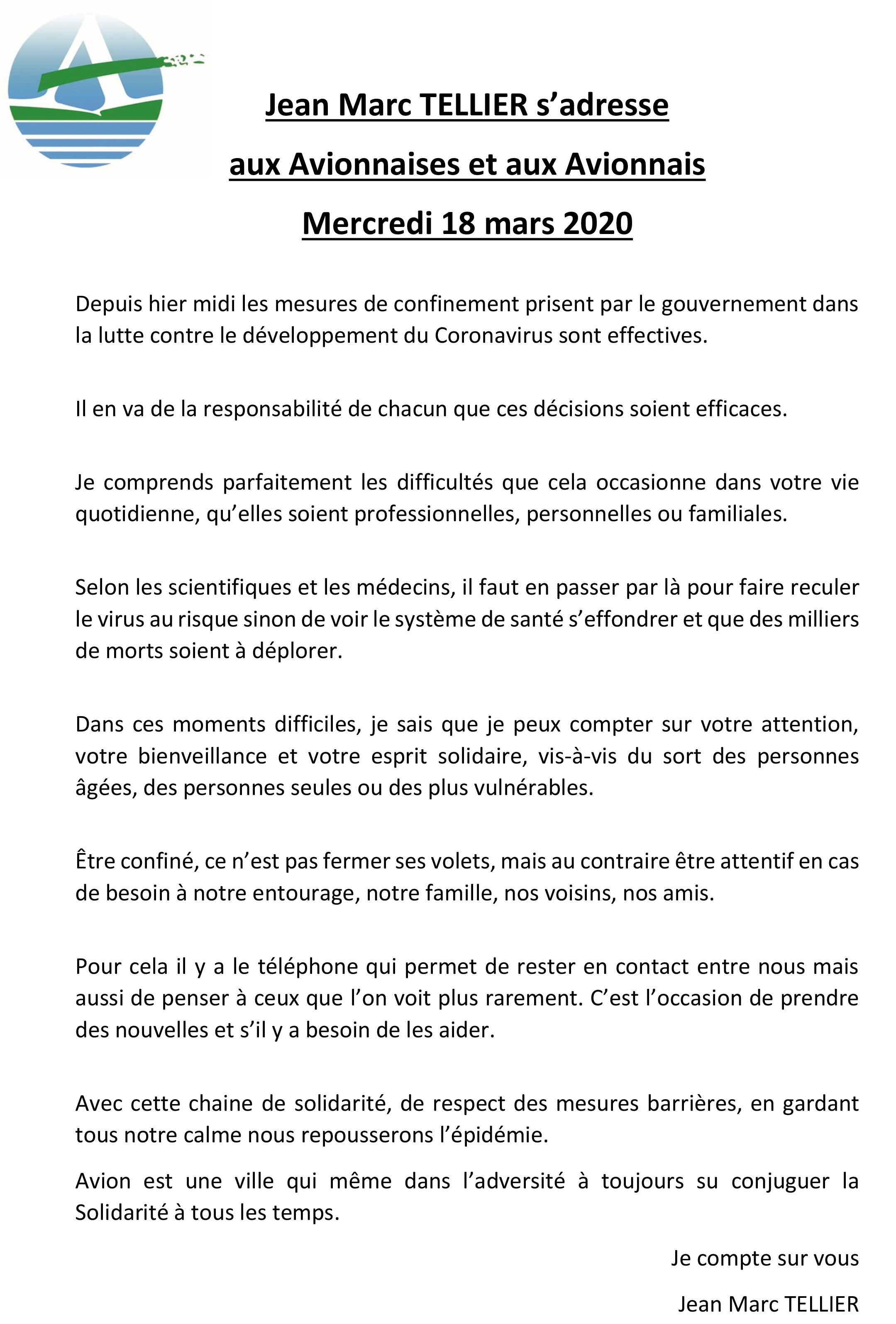 Jean Marc TELLIER s’adresse aux Avionnaises et aux Avionnais Mercredi 18 mars 2020